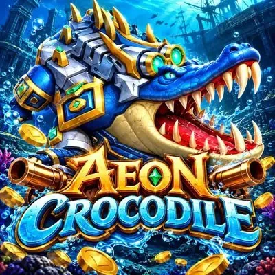 Aeon Crocodile slot poster: a fierce crocodile in a swamp over slot reels at Yaarwin
