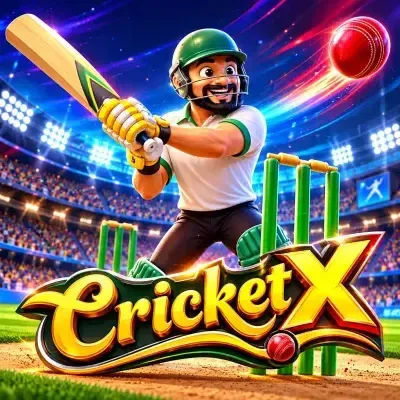 Cricket X crash game poster: a batsman launching the ball into a bright stadium sky at Yaarwin