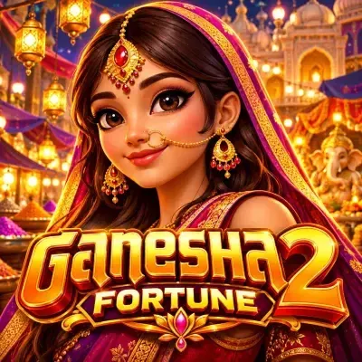 Ganesha Fortune 2 slot poster: Lord Ganesha surrounded by gold coins and reels at Yaarwin