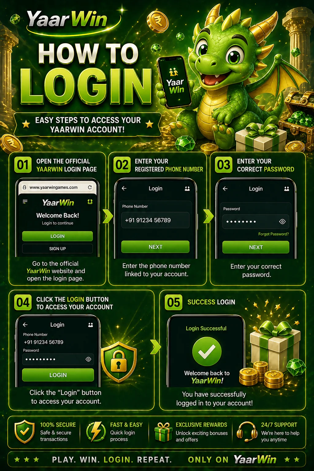 Step by step guide on how to login to Yaarwin account using mobile phone with green dragon mascot and casino theme interface