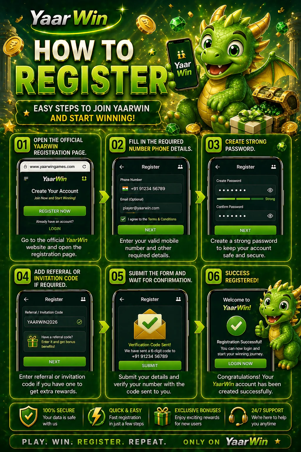 Step by step guide on how to register a Yaarwin account including phone number, password creation and account confirmation with green dragon theme