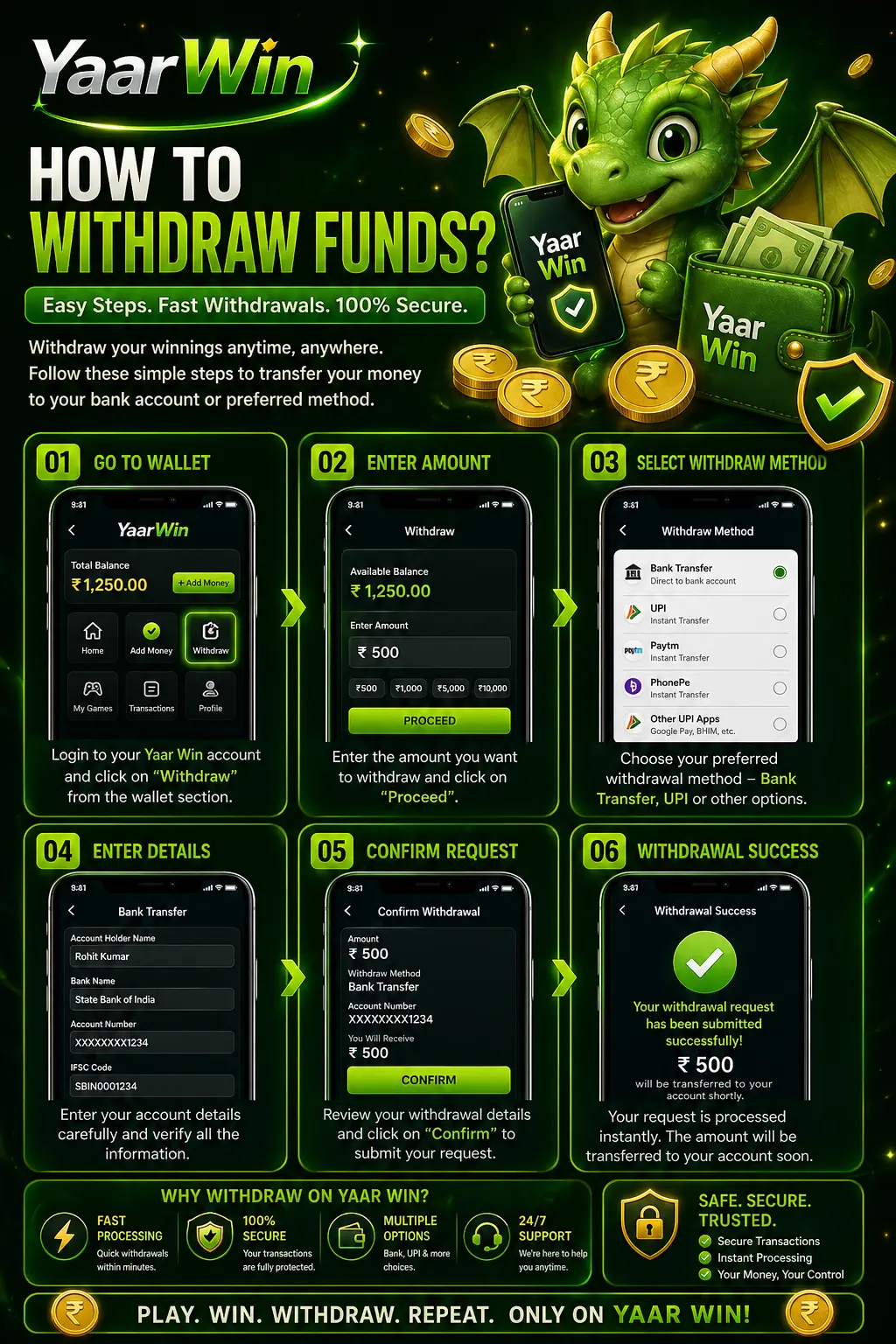 how to withdraw money from yaarwin account safely